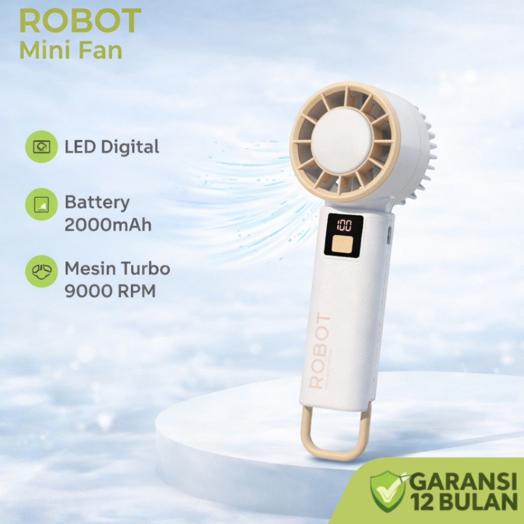 Jual ROBOT Mini Fan Highspeed Handheld With LED Display 2000mAh Kipas ...