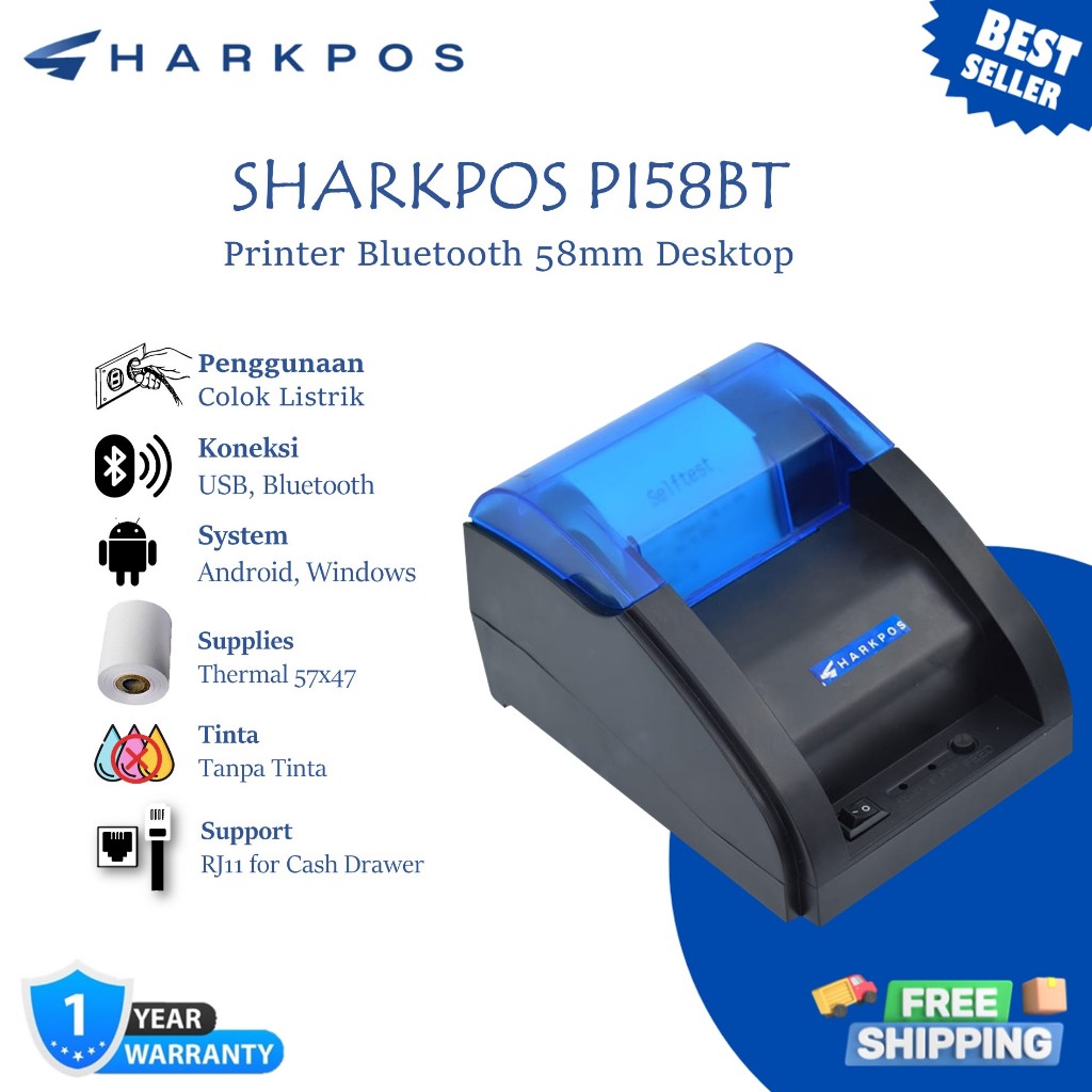 Jual Sharkpos PI58BT Printer Bluetooth Thermal 58mm RPP02N USB RJ11 ...