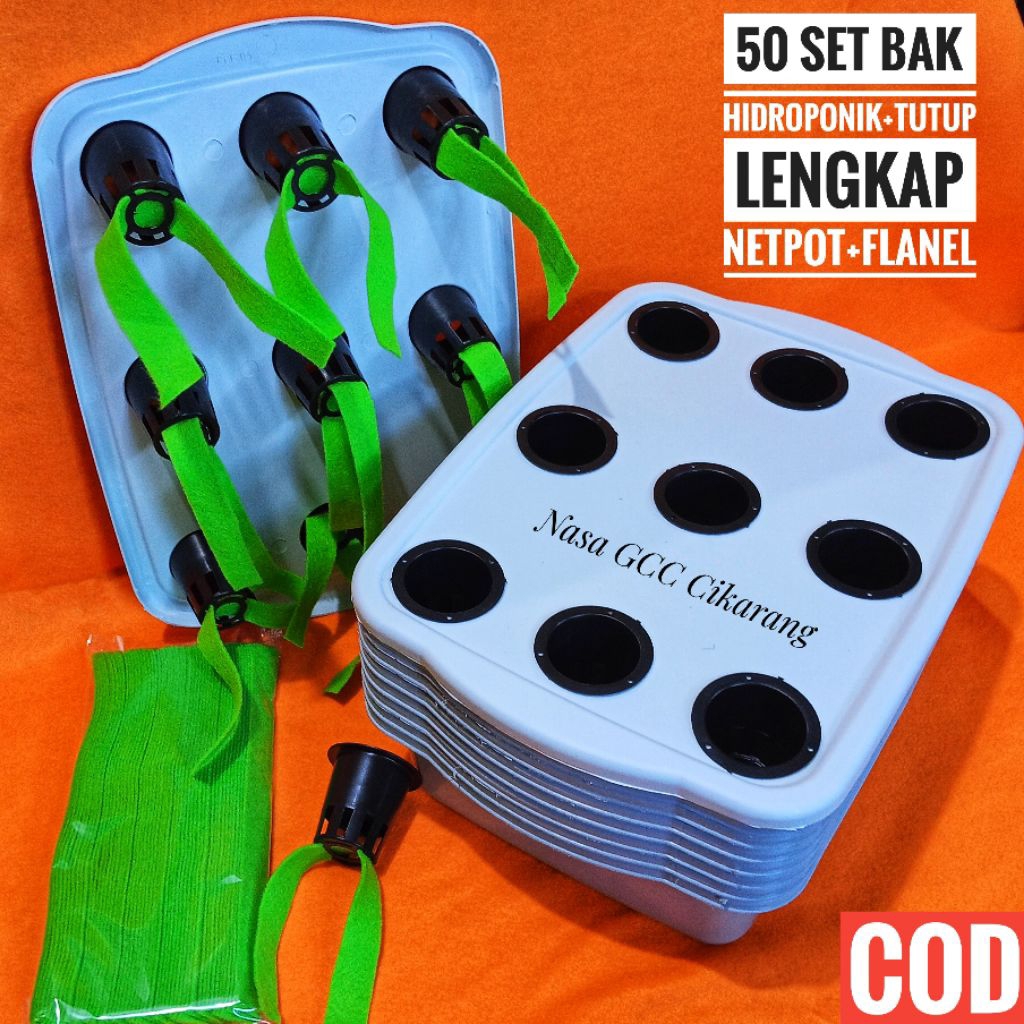 PAKET HIDROPONIK 50 BAK + TUTUP + NETPOT + FLANEL