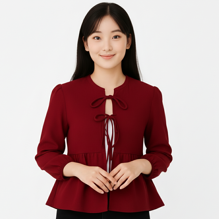 Jual TOP Blouse Korea lengan panjang Atasan Perempuan Ribbon Top ...