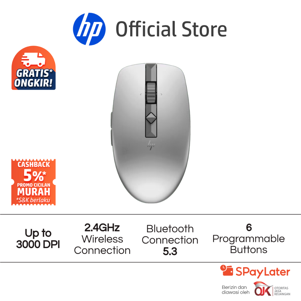 Mouse Silent HP 710 Rechargeable Silver / Black Wireless Up to 3000 DPI Bluetooth Windows 11 Windows 10 Chrome OS mac OS Promo Murah Gratis Ongkir Off
