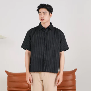 Osakaa - Kemeja Nami Boxy Stripe Oversized Shirt Lengan Pendek Black