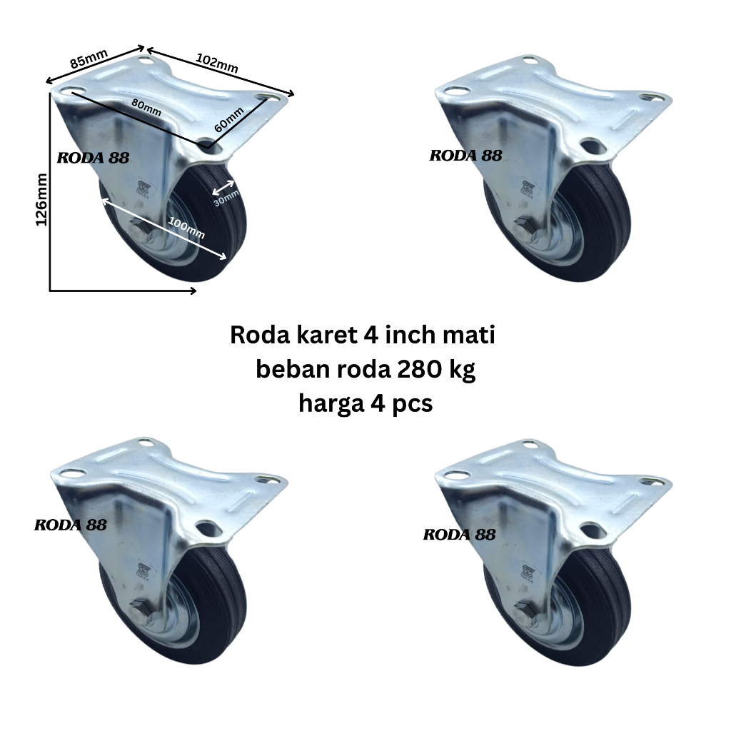 Jual Roda karet RRT 4 inch mati, Beban roda 280 kg, Harga 4 pcs ...