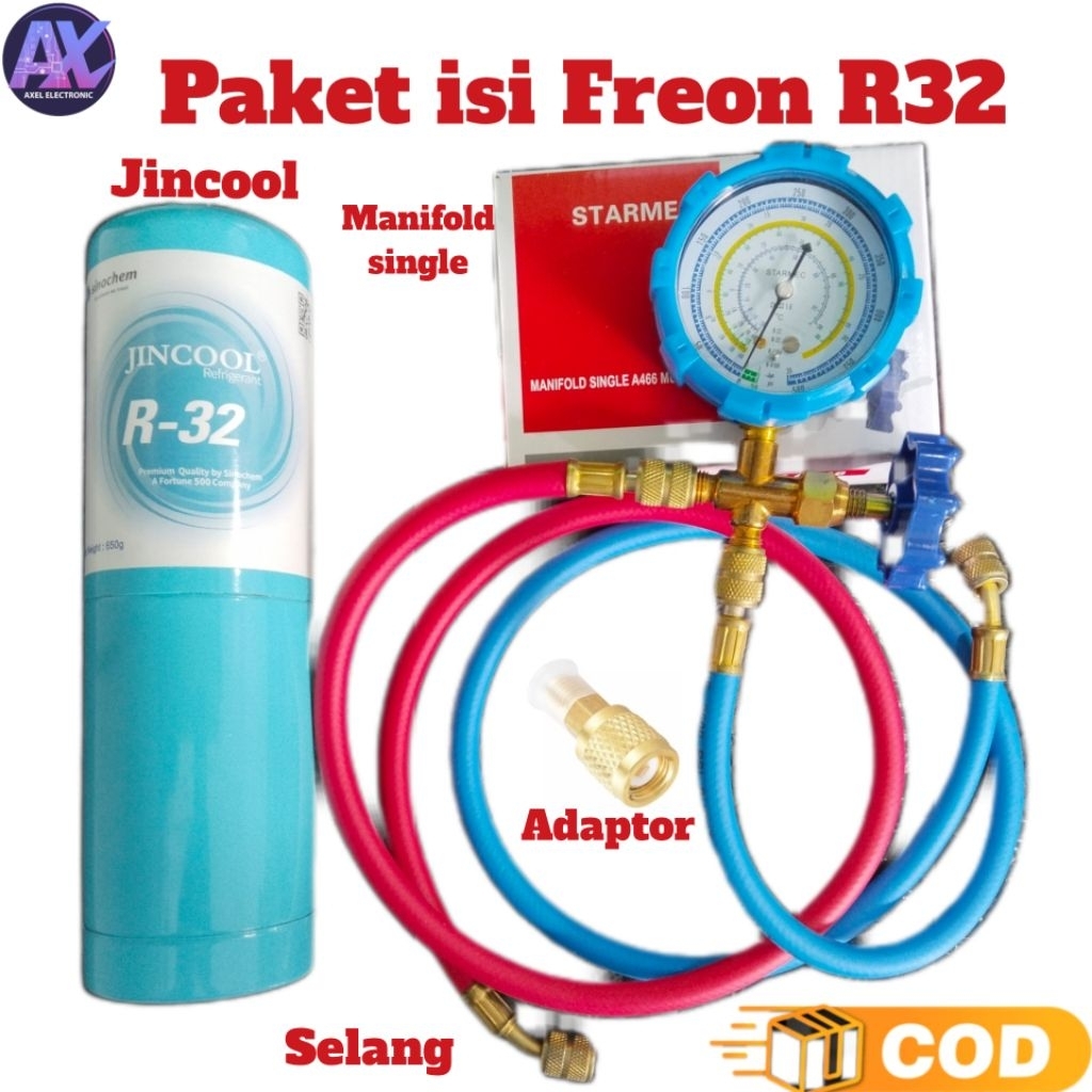 Jual Paket pengisian Freon AC R32 berat 650gr + selang manifold ...