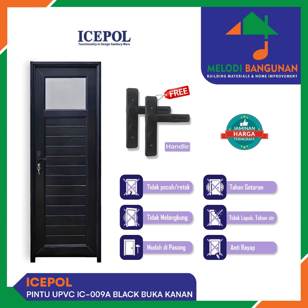 Icepol - Pintu Kamar Mandi + Toilet + WC IC 009A IC009A UPVC Kaca Black Hitam 70x200 Handle Kiri Buka Kanan