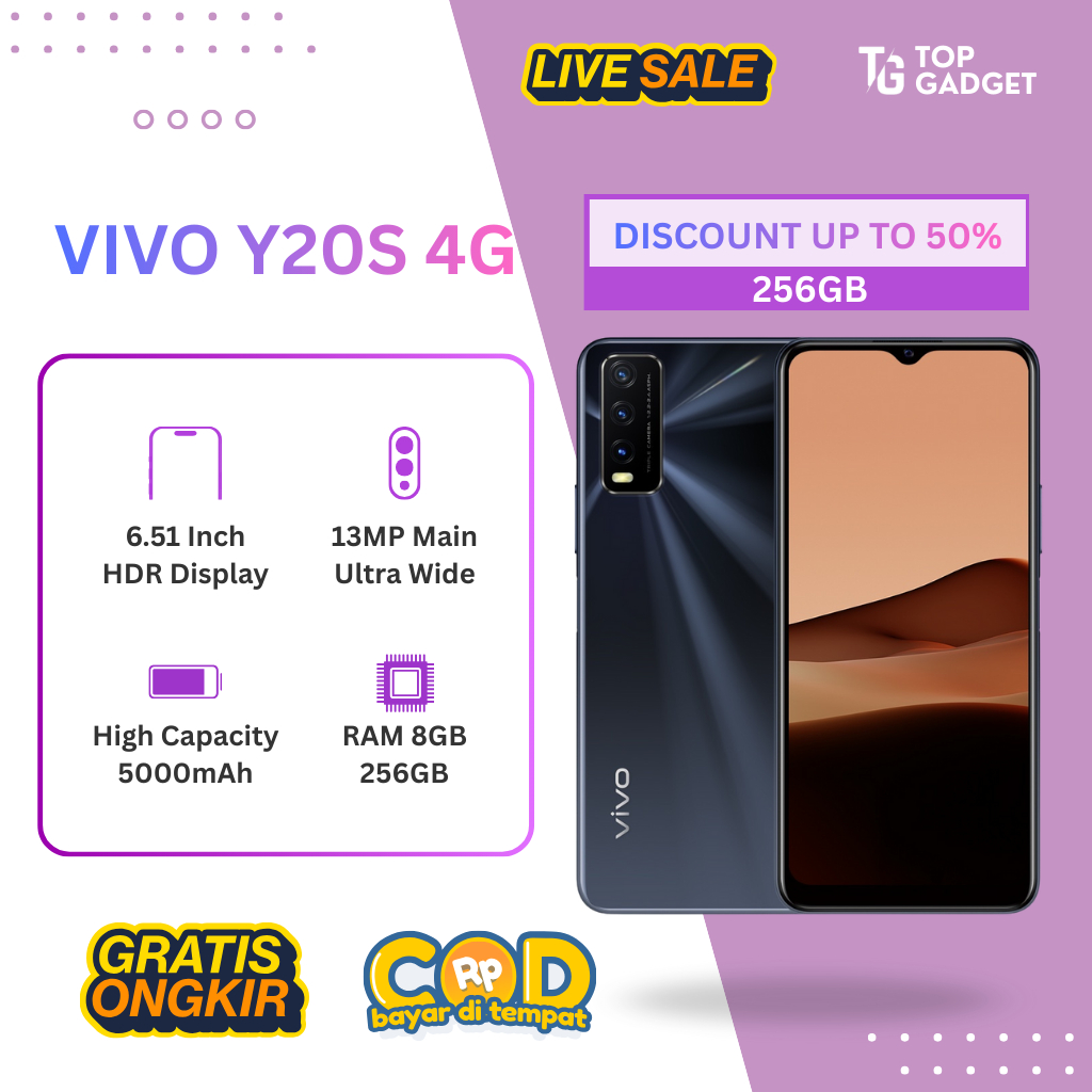 VIVO Y20S 8GB/256GB - Layar 6.51 inci, Baterai 5000mAh, Kamera 13MP, RAM 8GB Garansi 12 Bulan