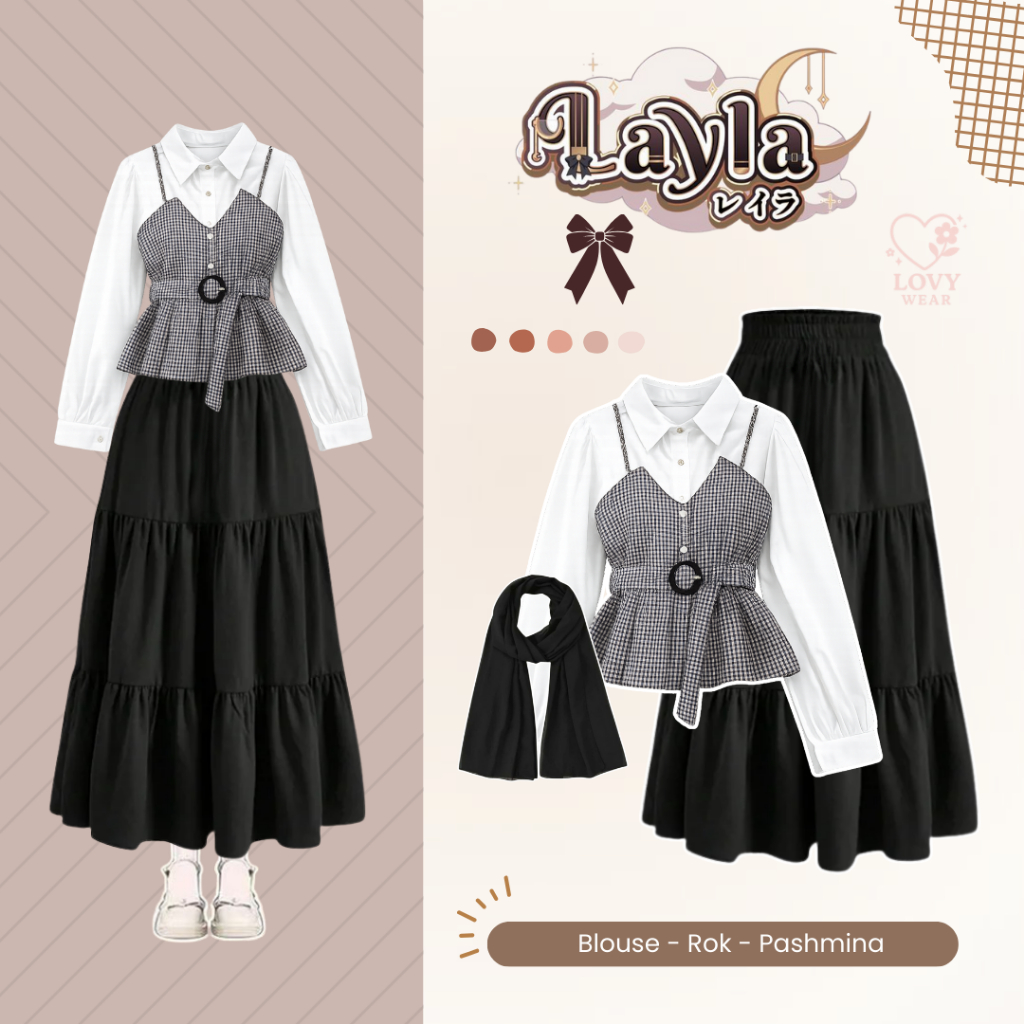 Jual One Set Remaja Korean (Blouse Talitha, Rok Susun, Pashmina Hitam ...