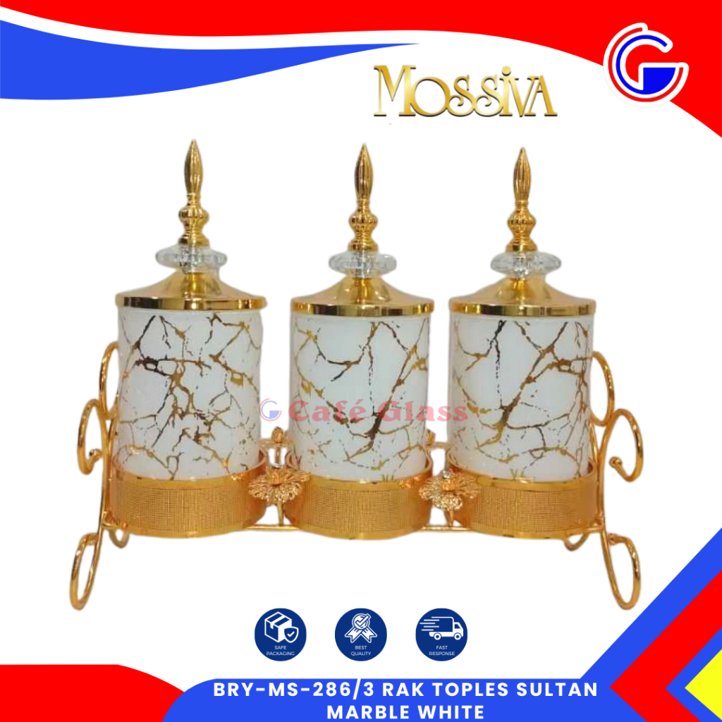 Toples Kaca Marble Gold - Toples Lebaran Sultan - Wadah Permen Cookies + Rak Mossiva - Toples Isi 3
