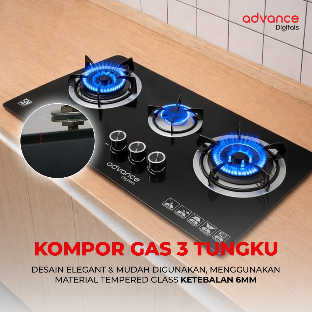 Jual Advance GD8803A Kompor Gas Tanam 3 Tungku Tempered Glass Api Biru ...