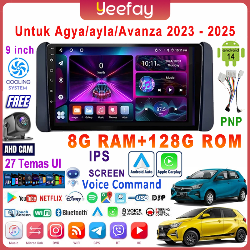Untuk Agya/Ayla/Avanza/Xenia 2023-2025  8G+128G Android 14 Head Unit Termasuk Frame/PNP Soket 9 Inch