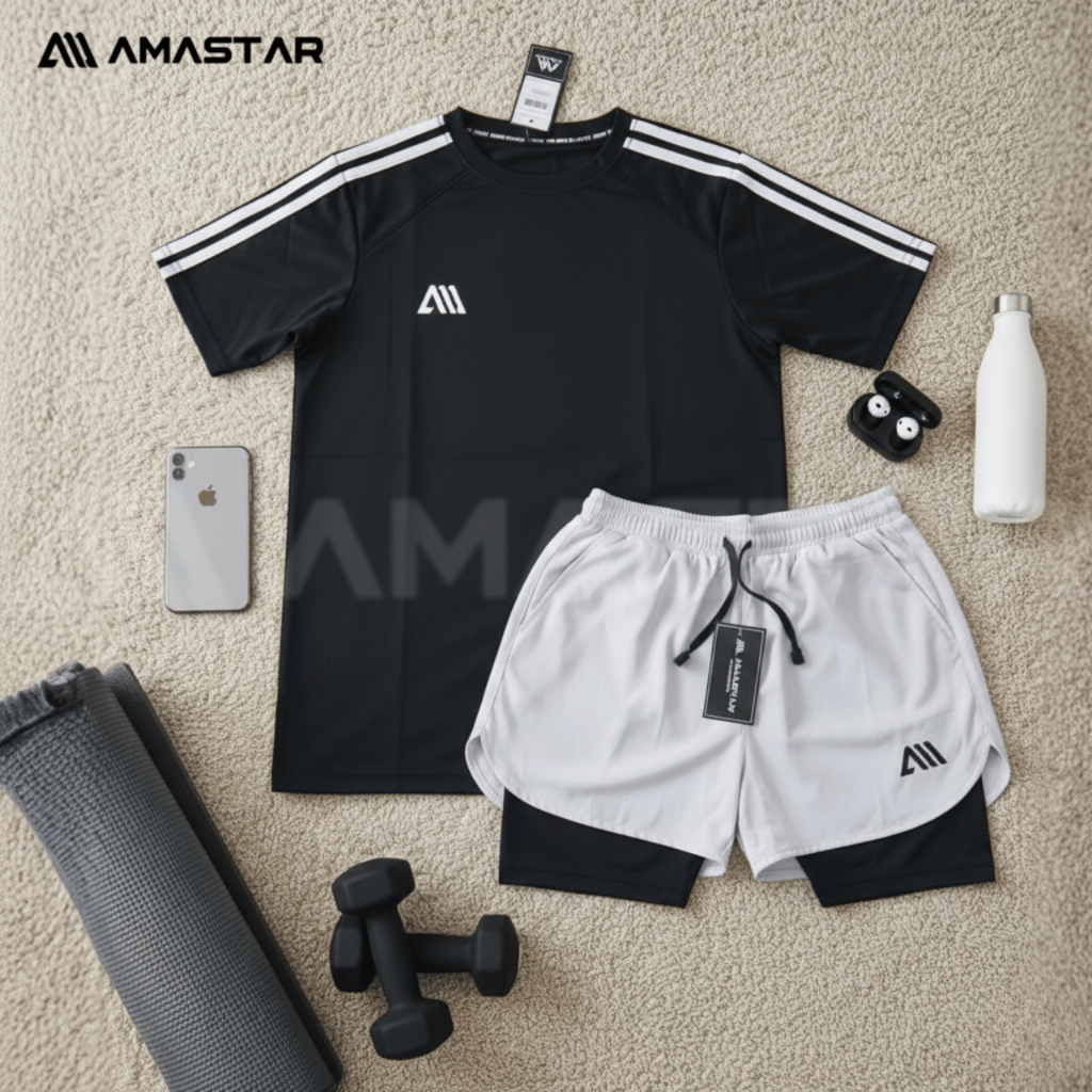 AMASTAR - 2 PCS/1SET Jersey Strips Dan Celana Double Short Running Training padel gym