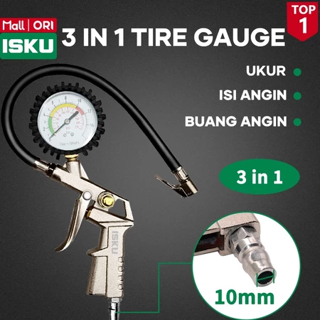 ISKU Tire Pressure Gauge 3 in 1 Alat Ukur Tekanan Angin Ban Mobil Motor Pompa Isi Buang Angin Inflator Deflator Alat Bengkel Otomotif Lock On Chuck Jepit Anti Bocor Heavy Duty Tahan Banting Karet Pelindung Presisi Tinggi Kompresor