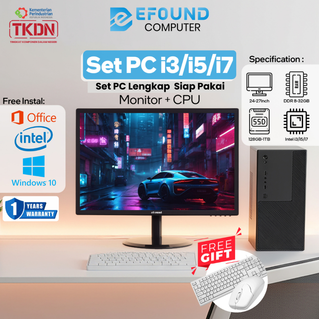 eFound Set PC Intel Core i3/i5/i7 – Paket PC lengkap, Monitor HD 22 inch BG, 32GB RAM, 1TB SSD, Free Keyboard Mouse Cocok untuk Rumah, Belajar, Kantor & Sekolah