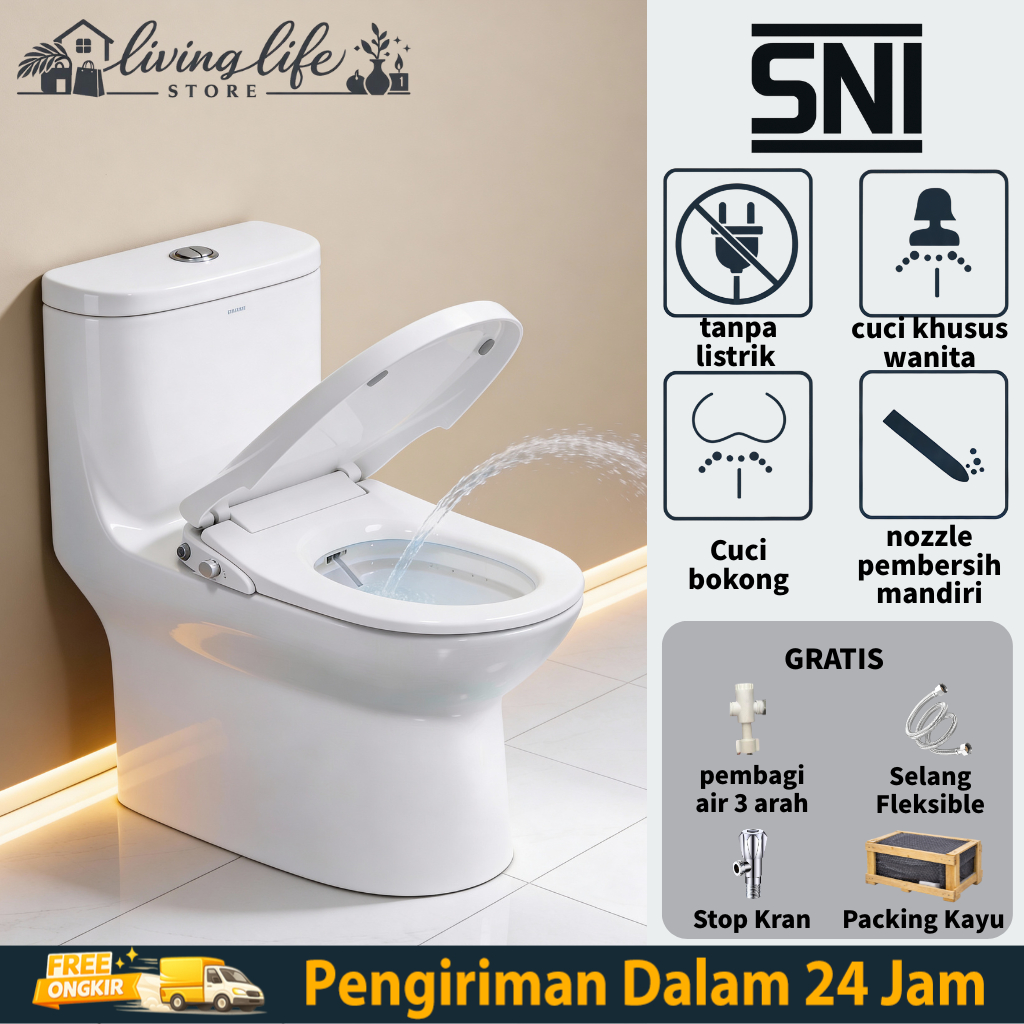Kloset Duduk Standar Dengan Tutup Toilet Dual Flush Hemat Air Sistem Siram