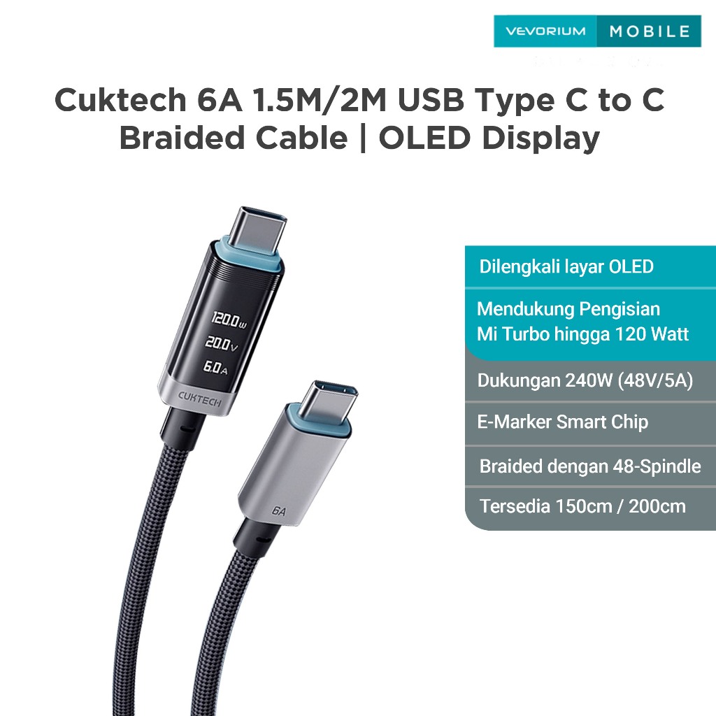 Jual CUKTECH 6A USB Type C to C Braided Cable 1.5m/2m | OLED Display ...