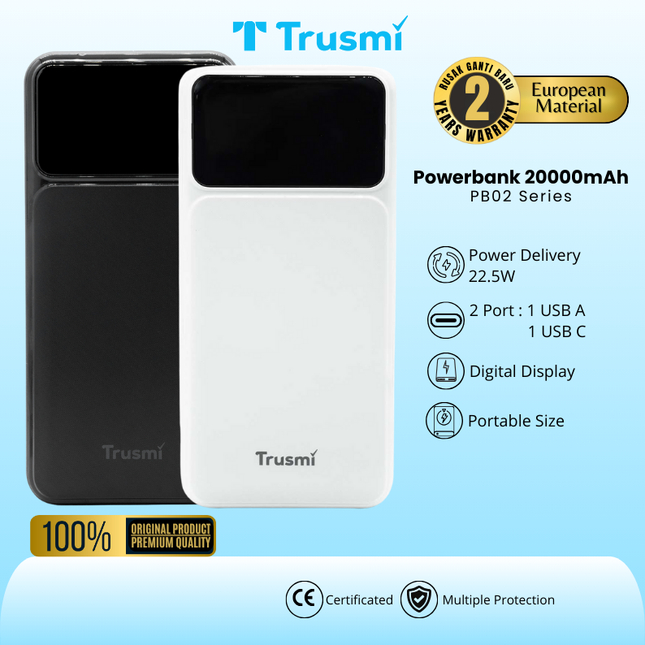 Trusmi Power Bank Dual Port 22.5w Usb-a Type-c 20.000mah Digital Display Pengisi - foto 1