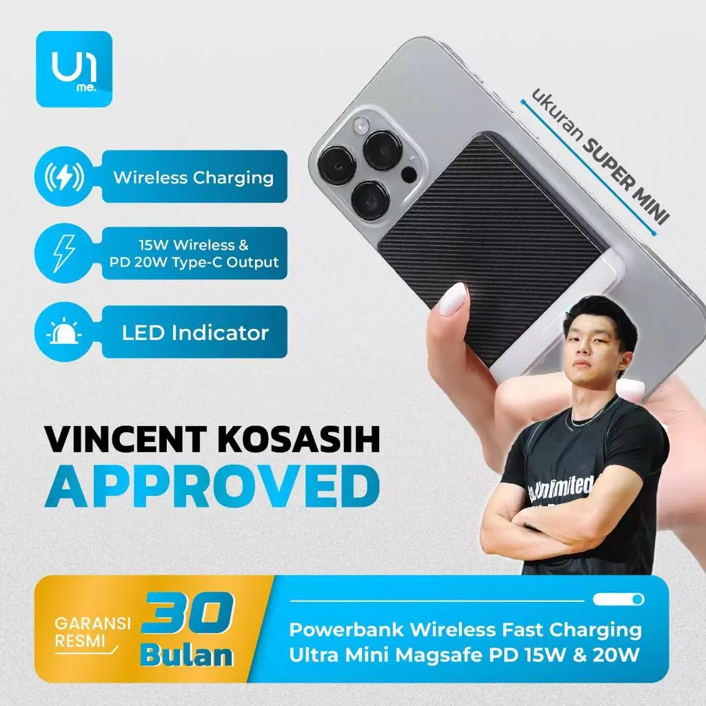 [VINCENT KOSASIH APPROVED] U1me. Powerbank Pocket Mini Magsafe 5000 mAh PD 20W Fast Charging Type C Powerbank Wireless Ultra Mini