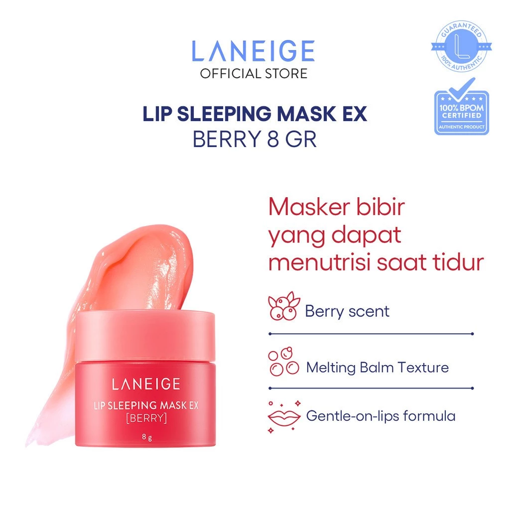 LANEIGE Lip Sleeping Mask EX Berry 8GR - Masker Bibir Malam, Melembapkan Bibir Kering & Pecah-pecah