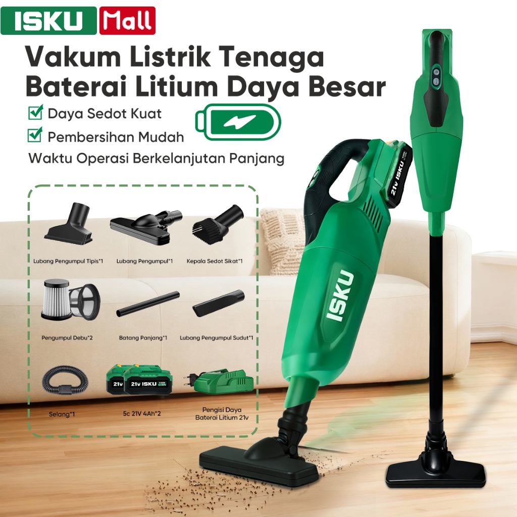 ISKU Vacuum Cleaner Mobil Wireless Portable Baterai 21V Penyedot Debu Rumah Cordless High Power 8000Pa Sedotan Badai Kuat Sedot Pasir Kerikil Bulu Kucing Karpet Sofa Filter Bisa Dicuci Motor Tembaga Awet Tahan Panas
