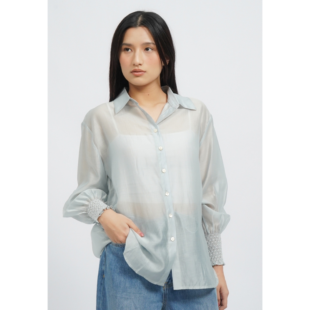 Jual Et Cetera Loose Long Sleeve Sheer Blouse SOFT BLUE | Shopee Indonesia