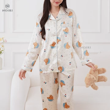 NOIRI Piyama Wanita Blue Bear Bunny Coquette Satin Premium Baju Tidur Lengan Panjang Elegan