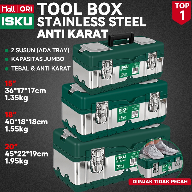 ISKU Tool Box Kotak Perkakas Besi Stainless Steel & Plastik PP 14 15 17 18 19 20 Inch Heavy Duty Jumbo Tempat Penyimpanan Alat Tukang Kunci Bengkel Mobil Motor Muat Mesin Bor Gerinda Tahan Banting Anti Karat Pecah Storage Bag Koper Wadah Multifungsi