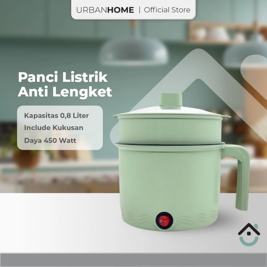 URBAN HOME Panci Listrik Hijau Kuning Serbaguna 0.8 Liter 450W Anti Lengket Hemat Listrik