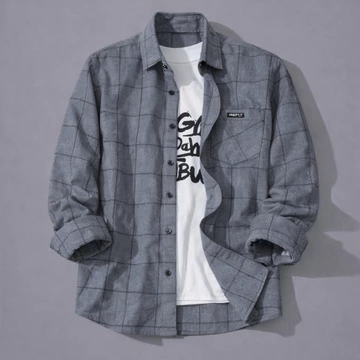 Kemeja Flanel Pria Wanita Tartan Kotak Oversized Kotak Abu