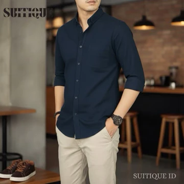 Suitique ID Kemeja Pria Lengan Panjang Cotton Pique Anti Kusut Black Rapi Seharian Formal Casual