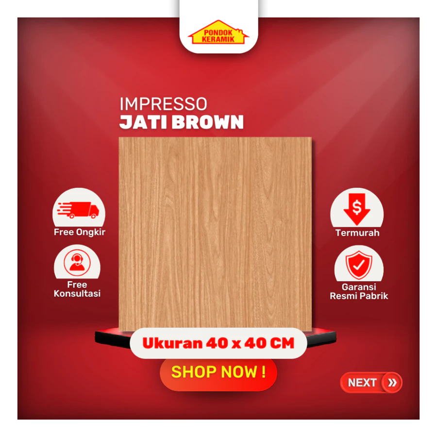 Keramik Lantai 40x40 Jati Brown Motif Kayu Permukaan Glossy Halus