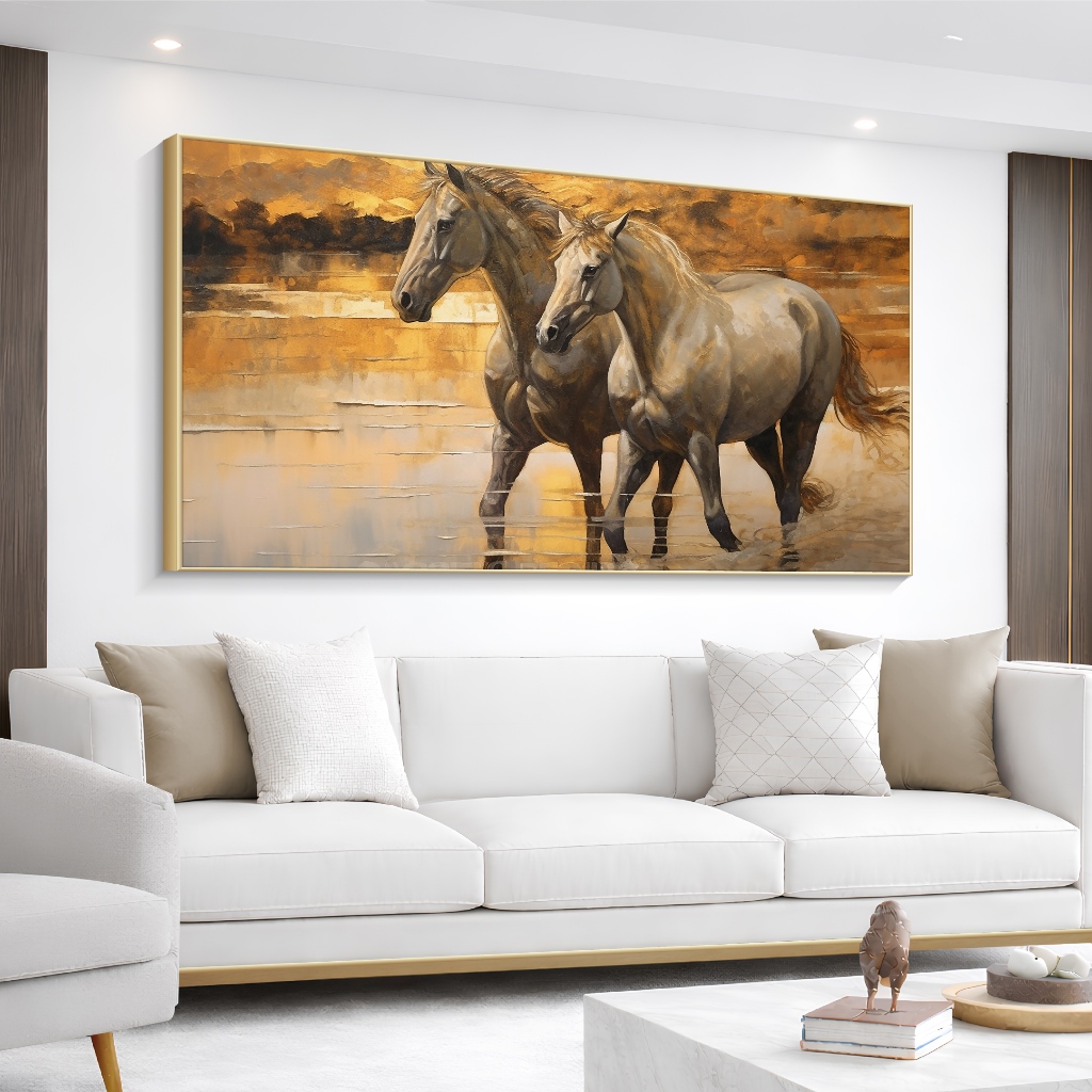 DVliving Hiasan Dinding Ruang Tamu Minimalis 120x60cm 80x40cm 60x30cm Kanvas + Bingkai - Lukisan Kuda Minimalis Modern | Lukisan Aesthetic | Lukisan Kanvas Besar | Pajangan Rumah | Dekorasi Rumah | Hiasan Dinding Kamar Tidur | Hiasan Dinding Aesthetic