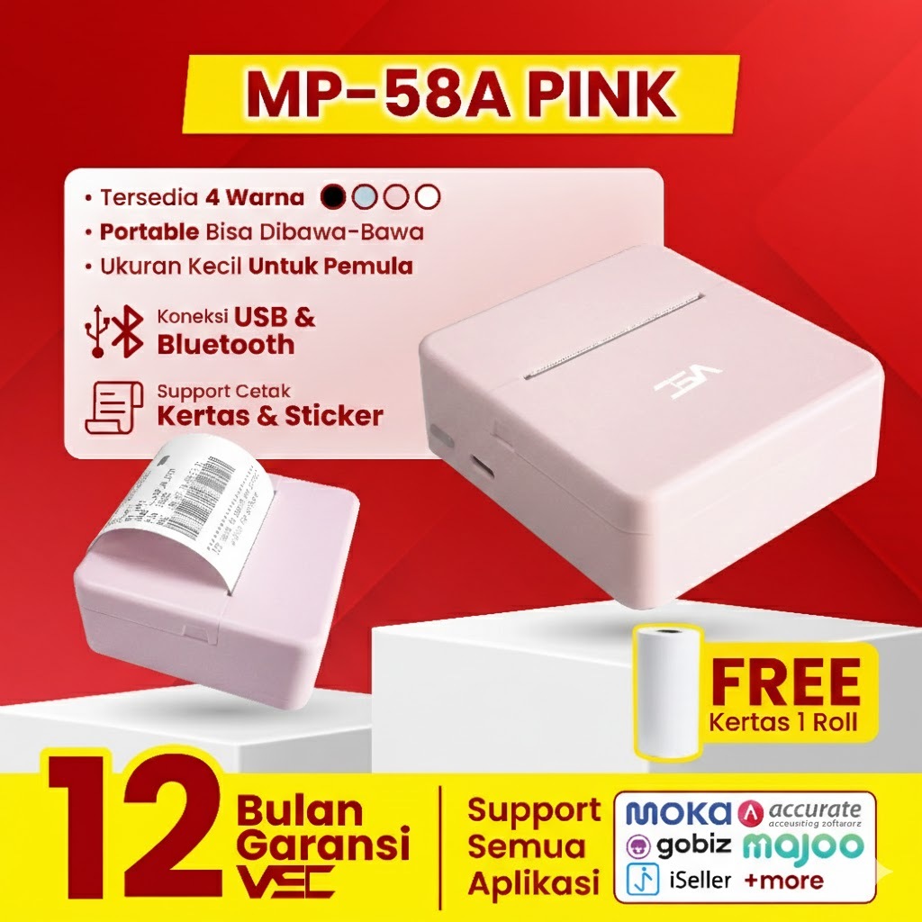 Jual MINI THERMAL PRINTER BLUETOOTH VSC MP-58A PINK RPP02N 58MM SUPPORT ...