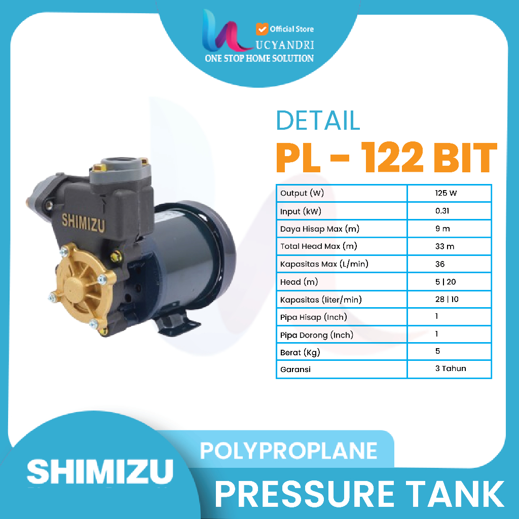 Jual Pompa Air Shimizu PL-122 BIT Pompa Air Sumur Dangkal Non Otomatis ...