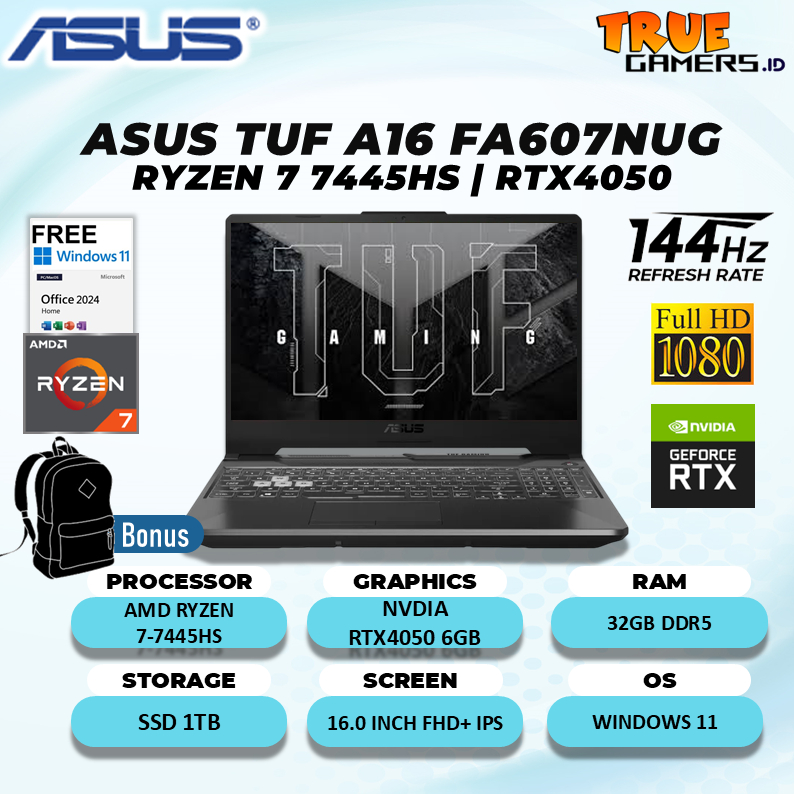 Jual Laptop Gaming ASUS TUF A16 FA607NUG Ryzen 7-7445HS RTX4050 6GB ...