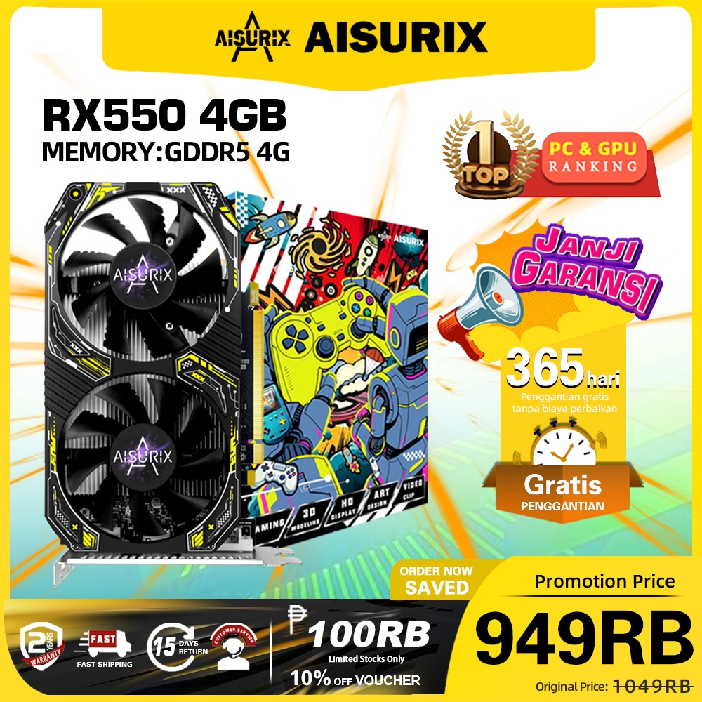 AISURIX AMD RX 550 4GB DDR5 128Bit Graphics Card Dual Fans GPU Radeon RX550  4G D5 VGA Card COD