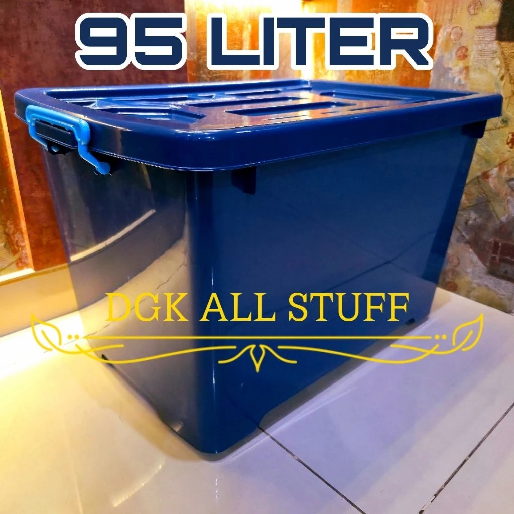Kontainer Container Box Kotak Tempat Penyimpanan Pindahan Baju Pakaian Perkakas Serbaguna 95 Liter 95L 95 L Plastik Besar Jumbo Tebal Kuat Kokoh Antipecah Anti Pecah Dengan Roda Beroda Warna Hitam Gelap Biru Tua Premium Estetik Aesthetic Minimalis Murah