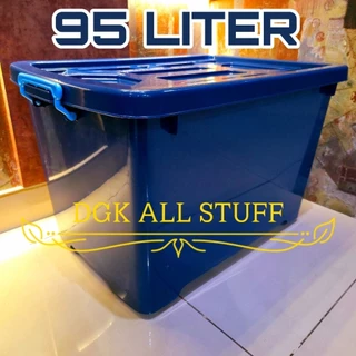 Kontainer Container Box Kotak Tempat Penyimpanan Pindahan Baju Pakaian Perkakas Serbaguna 95 Liter 95L 95 L Plastik Besar Jumbo Tebal Kuat Kokoh Antipecah Anti Pecah Dengan Roda Beroda Warna Hitam Gelap Biru Tua Premium Estetik Aesthetic Minimalis Murah