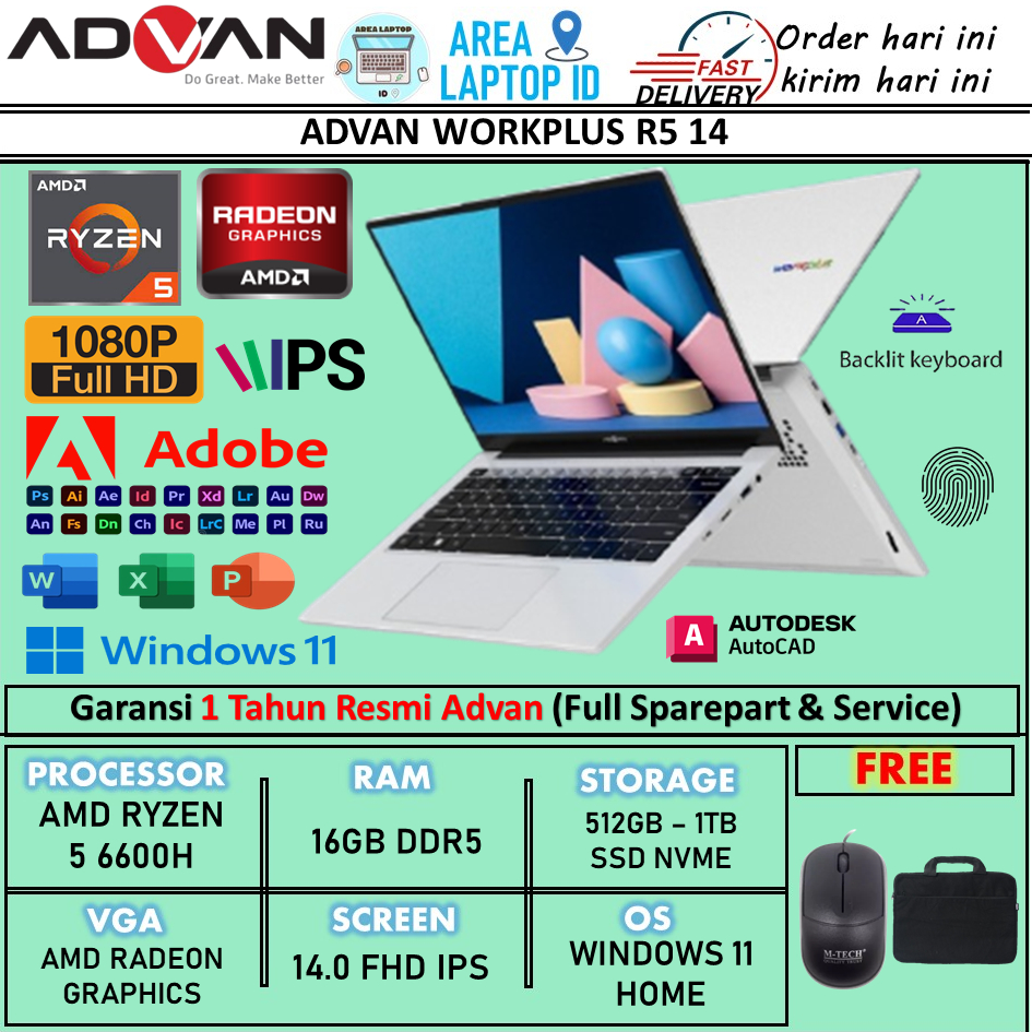 Jual Laptop desain ADVAN WORKPLUS R5 14 AMD RYZEN 5 6600H 16GB DDR5 1TB ...