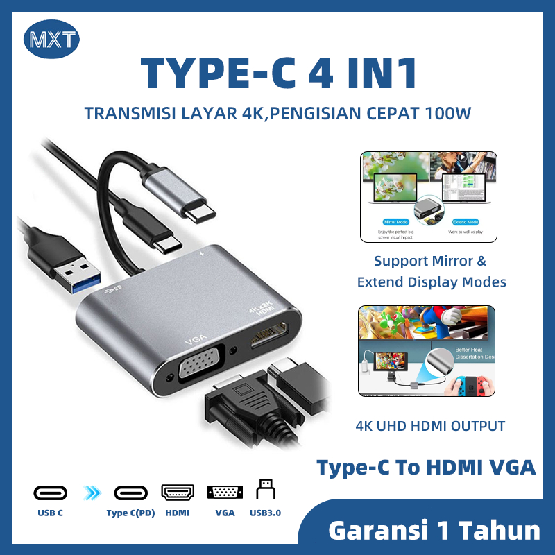 Jual MXT Converter Adaptor 4 IN 1 Type C To HDMI VGA HUB USB C to 4K ...