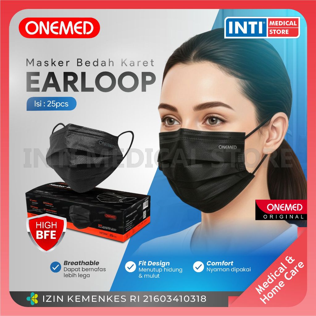 Jual Onemed | Masker 3 Ply Earloop Black | Masker Surgical isi 25 ...
