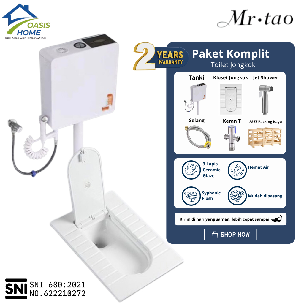 Closet Kloset Jongkok Penutup Mr. Tao 1Set Energy Saving Water Tank 3in1 Frehsner Tempat Tissue Tombol Flush WC Jongkok Bahan Keramik Warna Putih