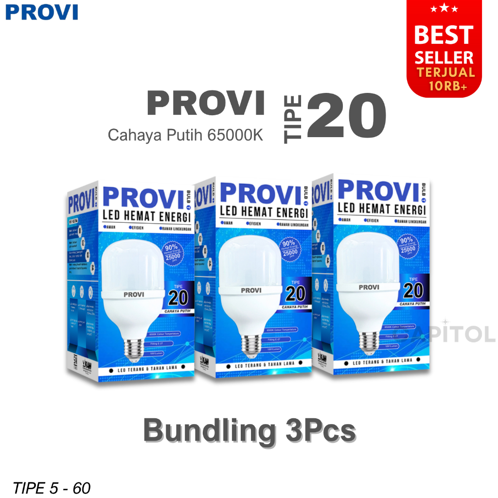 Jual Lampu Tabung LED PROVI Tipe 20 Bohlam Cahaya Putih Paket isi 3pcs ...