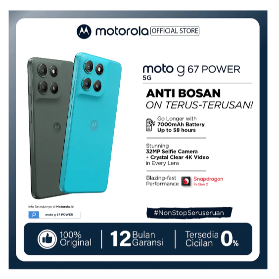 Close-up bodi belakang Motorola G67 Power 5G dengan material Vegan Leather dan sisi layar Gorilla Glass