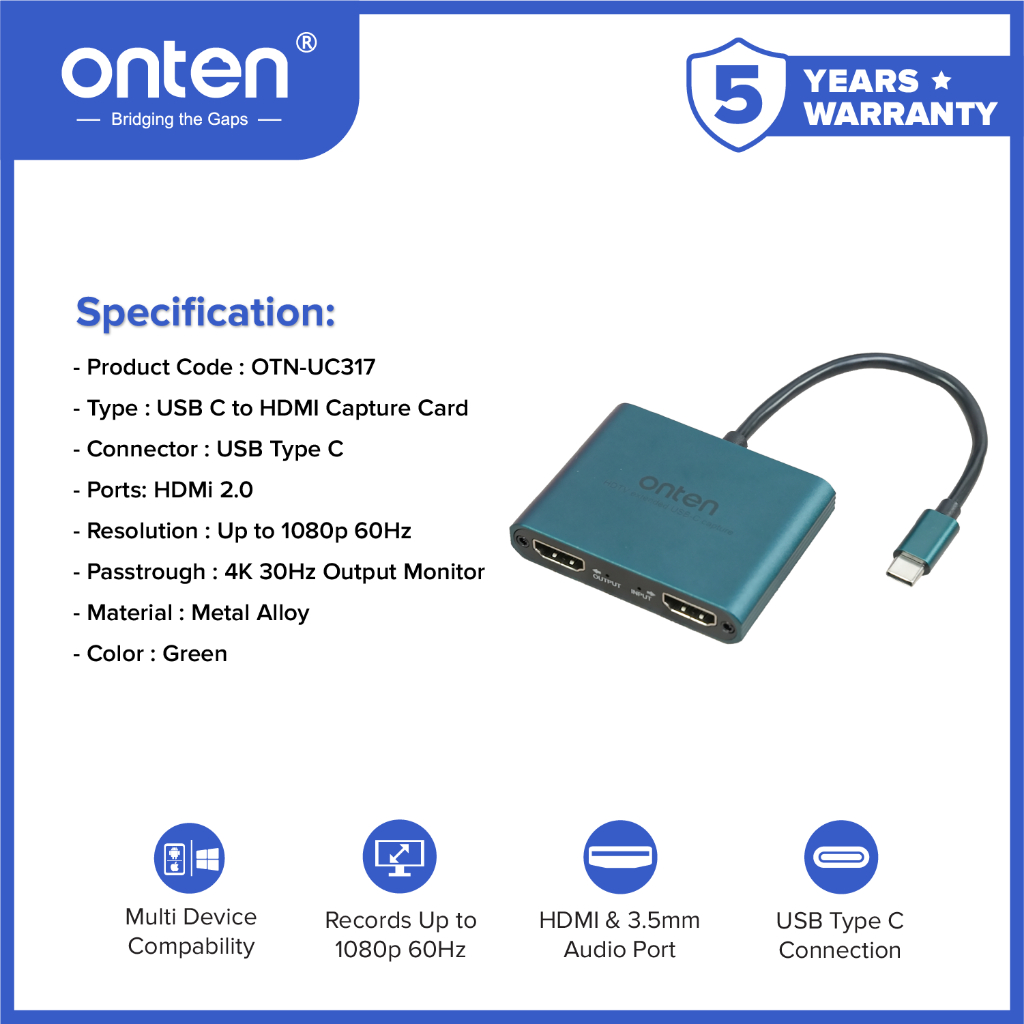 Jual Onten Video Audio Capture Card 4K @30Hz USB Type C Connection ...