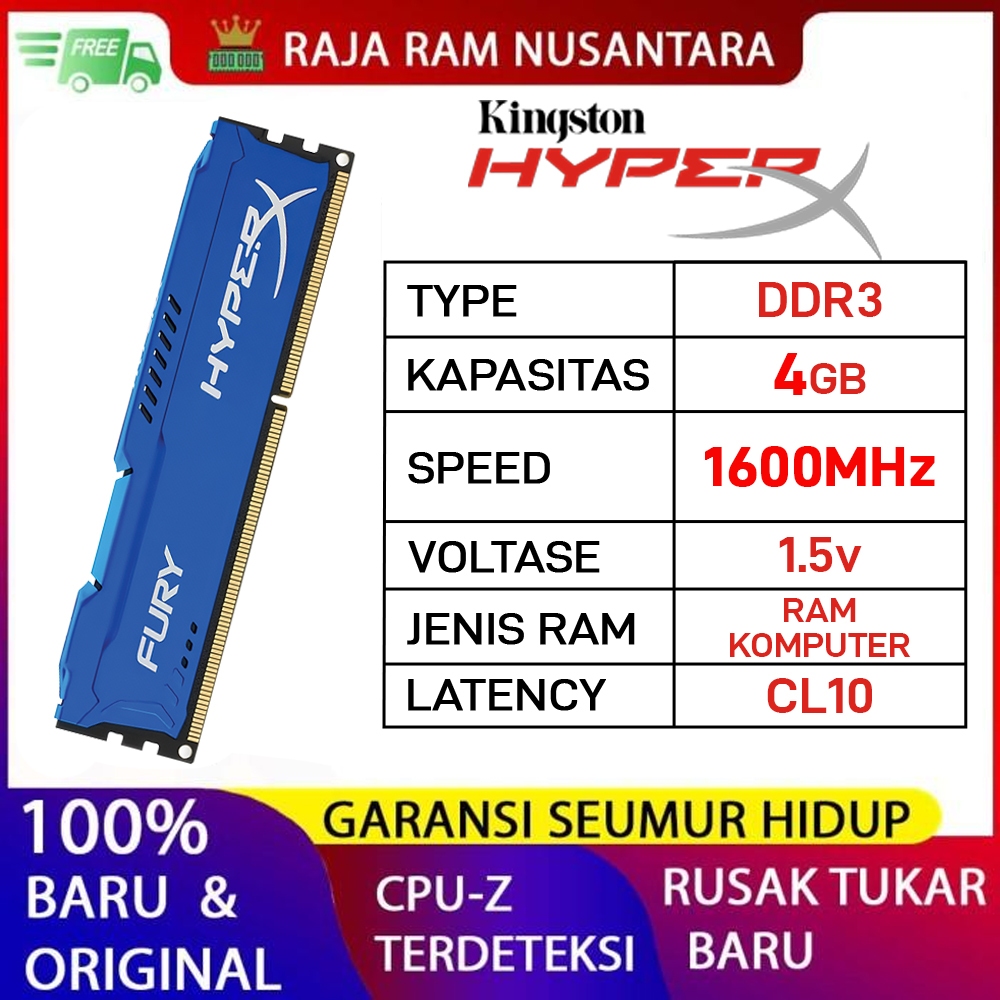 Jual RAM PC KINGSTON HYPERX FURY DDR3 4GB 1600MHz PC 12800 1.5v ORI ...