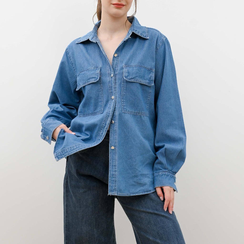 Jual Topteen - Rae denim pocket long kemeja | Shopee Indonesia