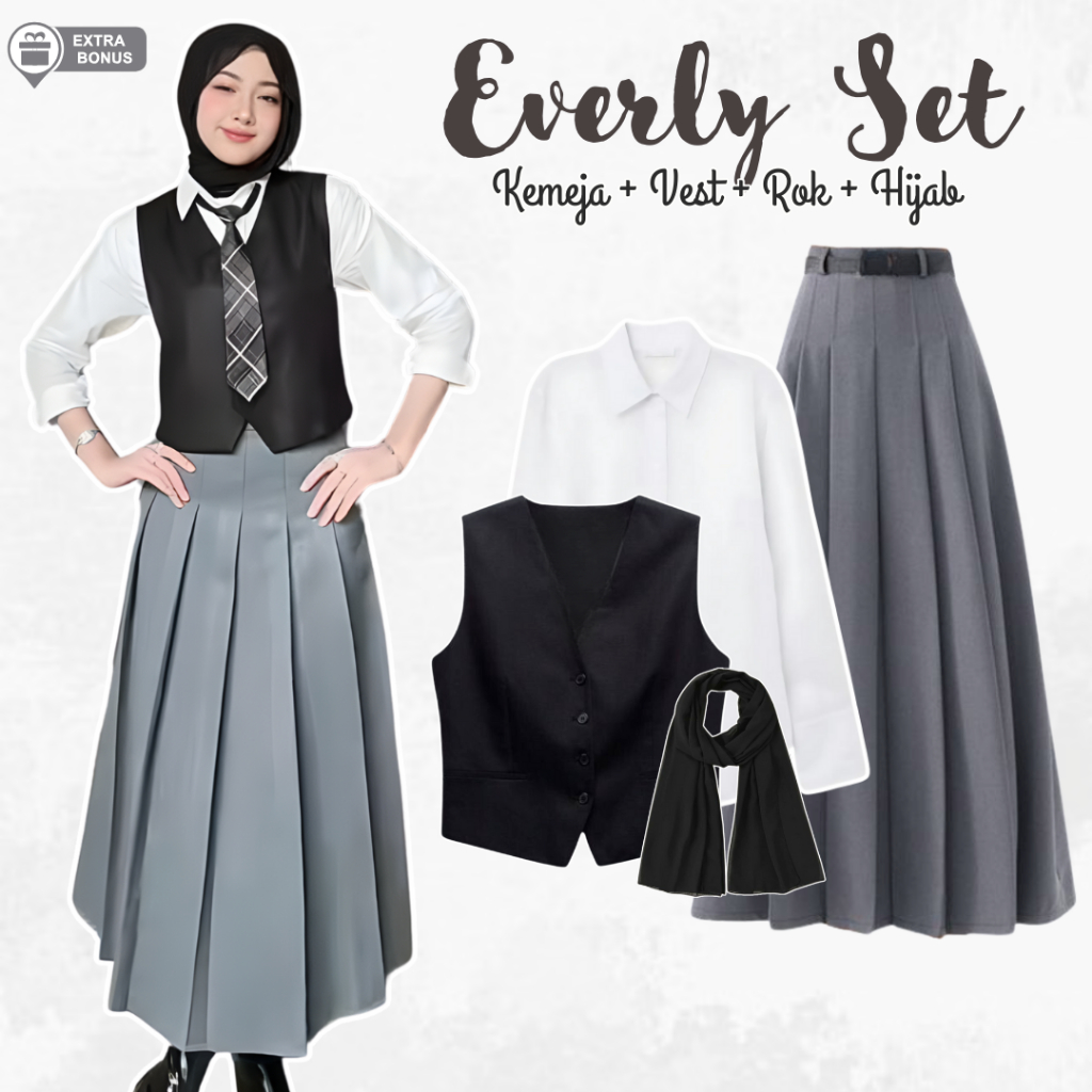 Jual Oneset One set 5in1 setelan hijab wanita kemeja basic polos vest ...