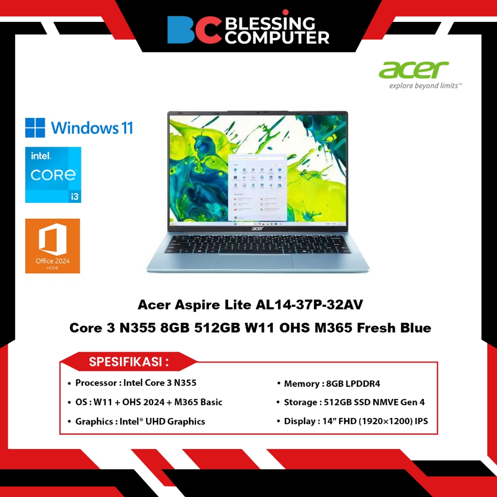 Jual Acer Aspire Lite AL14 37P 32AV Core 3 N355 8GB 512GB W11 OHS M365 ...