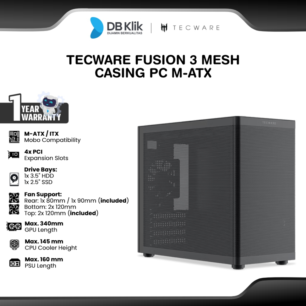 Jual Tecware Fusion 3 Mesh Casing PC M-ATX Pre-Installed 3 Fan - Black ...