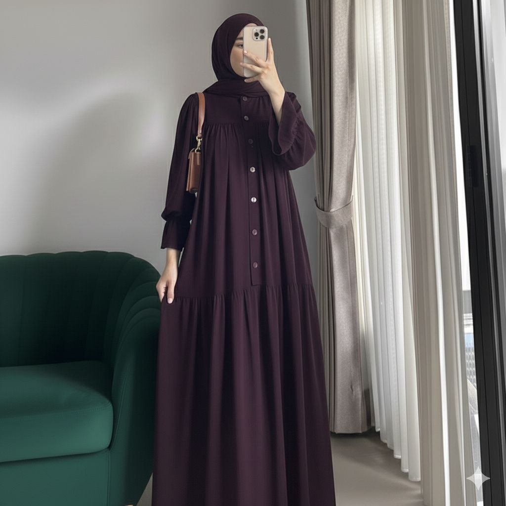 Gamis Amanda Rayon Twill / Gamis Lengan Balon / Gamis Kancing Busui / Premium Quality